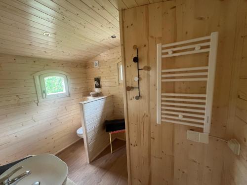 een badkamer met een wastafel en een toilet in een kamer bij La Roulotte deluxe de Malpas in Quingey