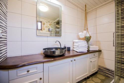 La salle de bains est pourvue d'un lavabo et d'un miroir. dans l'établissement Alexander Aqua Oasis - Poolside Garden Getaway, à Evkarpía