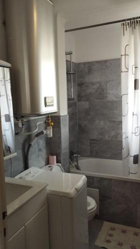 ein Bad mit einem Waschbecken, einem WC und einer Dusche in der Unterkunft T2 -Six Fours - 300m plage in Six-Fours-les-Plages