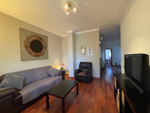 a living room with a couch and a tv at Apartamento Puerto Rosario centro in Puerto del Rosario