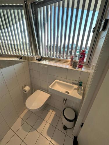 baño con aseo y lavabo y ventana en Central apartment Vesterbro, en Copenhague