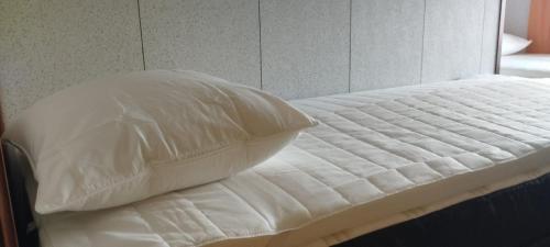 ein weißes Kissen auf dem Bett in der Unterkunft Domaine Les Tamaris - Portes du Soleil - Villa 3 chambres avec Jardin - Climatisation - Accès Animations et Piscines inclus ! in Portiragnes