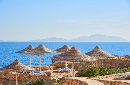 a group of straw umbrellas and chairs on a beach at Dreams Beach Resort - Sharm El Sheikh in Sharm El Sheikh