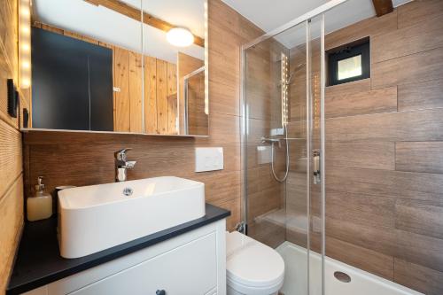 a bathroom with a sink and a toilet and a shower at Golden Haven in Murter