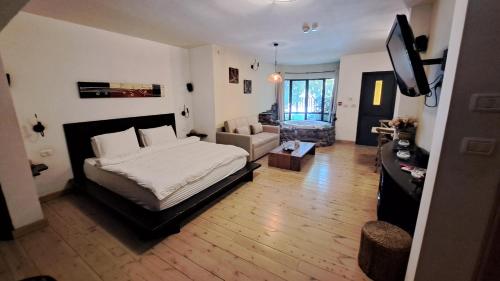 a bedroom with a bed and a living room at Volcanes in Had Nes