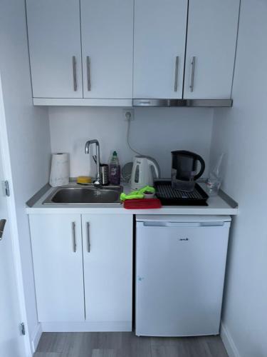 a small kitchen with white cabinets and a sink at Daphne Tiny House in Argalasti
