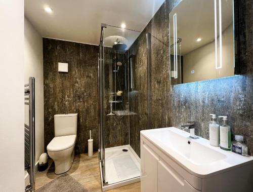 a bathroom with a toilet and a sink and a shower at Coach House Annexe in Sandown