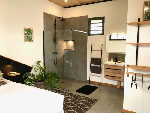 y baño con ducha y lavamanos. en L'Ephémère - Gayarticaz Réunion, en Saint-Pierre