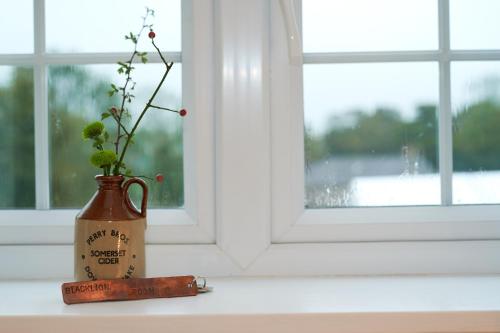 a vase with flowers in it sitting on a window sill at Black Lion Inn in Leek