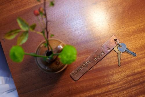 a pair of keys on a table next to a plant at Black Lion Inn in Leek