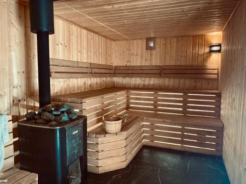 a sauna with a stove in a wooden room at Lisi Ogon zanurzeni w naturze in Lisi Ogon