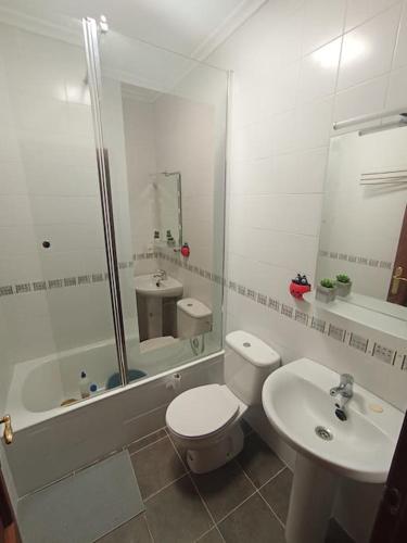 a white bathroom with a toilet and a sink at Los acebos. Mar, montaña, cuevas in Rasines