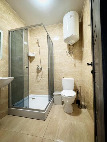 a bathroom with a shower and a toilet and a sink at SIGNEEV'S Villa in Kyiv