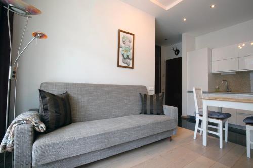 uma sala de estar com um sofá e uma cozinha em Cozy apartments in Bulduri em Jūrmala