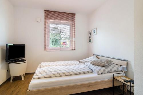 um quarto com uma cama e uma televisão em Ferienwohnung Inzigkofen em Inzigkofen