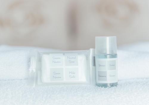 a container of a moisturizing moisturizing moisturizing gel and a bottle of soap at Hotel Duc de Vendôme in Vinaròs