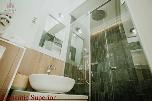 a bathroom with a shower and a sink and a toilet at Vili Apartments in Oradea