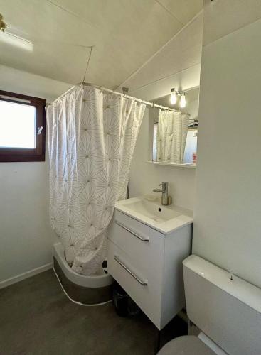 une salle de bain avec un lavabo et un rideau de douche dans l'établissement Maisonnette à 2 min de la plage agréable pour les vacances 4BRI326, au Barcarès