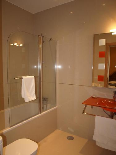 a bathroom with a shower and a toilet and a sink at Quintas do Valbom e Cuco in Torre de Moncorvo