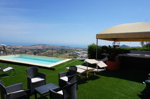 un patio con sillas y una piscina en el césped en La Terrazza Motta, en Atri