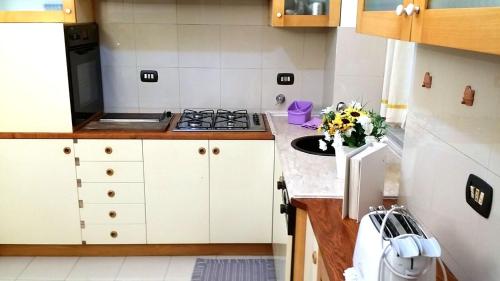 una piccola cucina con lavandino e piano cottura di Un Giardino a Due Passi dal Mare a La Spezia