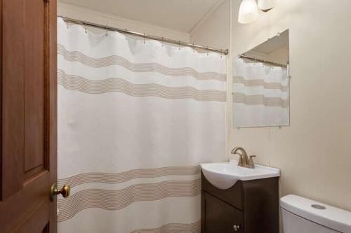 une salle de bain avec un lavabo et un rideau de douche dans l'établissement Cornerstone Cabin at Springdale, à Canton