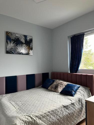 a bed in a bedroom with a window and a bedspread at Apartament AMBRA II in Jantar