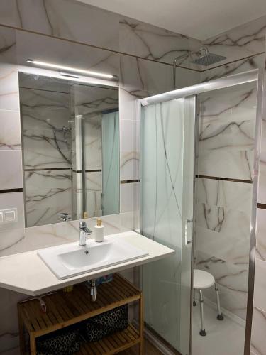 a bathroom with a sink and a shower at Apartament AMBRA II in Jantar