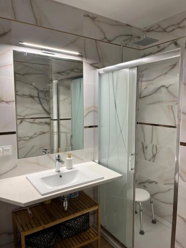 un baño con lavabo y ducha en Apartament AMBRA II, en Jantar