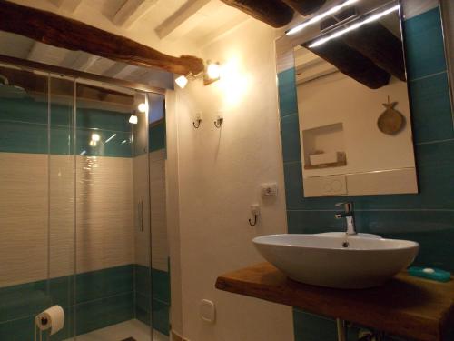 W łazience znajduje się umywalka i przeszklony prysznic. w obiekcie Podere Casanovola appartamento LA QUERCIA w mieście Massa Marittima