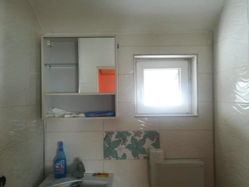 Baño con ventana sobre un aseo y un lavabo en Apartement Cristina, en Petreştii de Jos