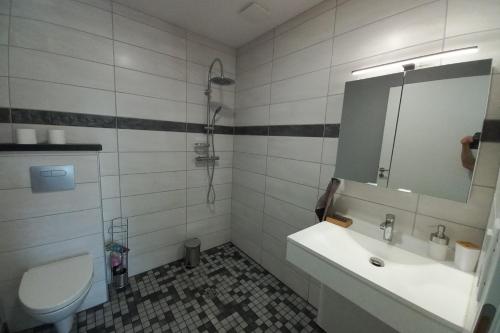 een badkamer met een wastafel, een toilet en een spiegel bij Gîte Le Chardet 