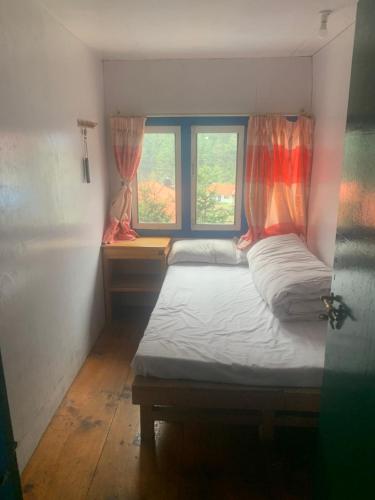1 dormitorio con 2 camas y 2 ventanas en Buddha Lodge, en Chaunrikharka