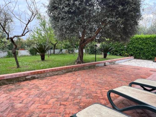 a brick patio with a bench and trees in a park at Affittacamere D’annunzio in San Piero a Grado