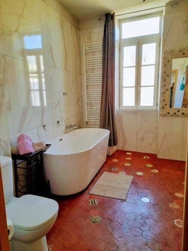 a bathroom with a white tub and a toilet at Les MIRABELLES chambres d'hôtes in Sisteron