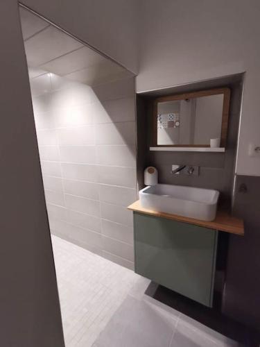une salle de bain avec un lavabo et un miroir dans l'établissement Appartement cosy aux Beaux-arts, à Montpellier