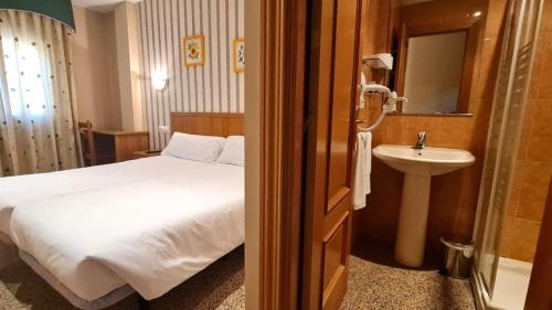 a hotel room with a bed and a sink at Hospedería Puerta de la Catedral in Ciudad-Rodrigo