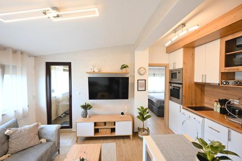 - un salon avec un canapé, une télévision et une table dans l'établissement Silensio Apartment Zlatibor, à Zlatibor