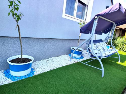a garden with a chair and a potted plant at Nani Apartman - Banja Ždrelo in Malo Laole