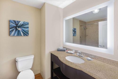 a bathroom with a sink and a toilet and a mirror at La Quinta by Wyndham Garland Harbor Point in Garland