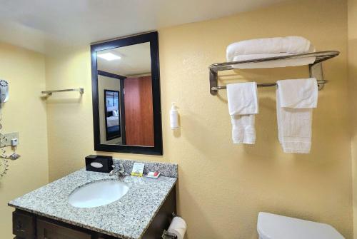 a bathroom with a sink and a mirror and a toilet at Days Inn by Wyndham New Orleans Pontchartrain in New Orleans