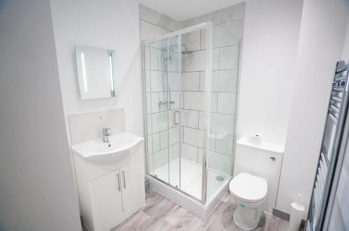 a bathroom with a shower and a toilet and a sink at Bright and Modern 1 Bed Apartment in Redditch in Redditch