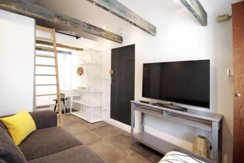 - un salon avec une télévision et un canapé dans l'établissement Cozy tiny house, à Halfweg