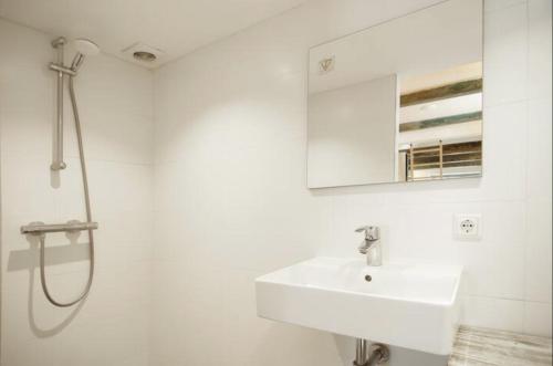 La salle de bains blanche est pourvue d'un lavabo et d'une douche. dans l'établissement Cozy tiny house, à Halfweg