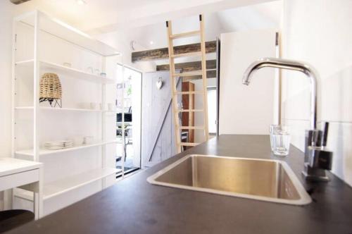 - une cuisine avec un évier et un comptoir dans l'établissement Cozy tiny house, à Halfweg
