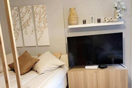 TV a/nebo společenská místnost v ubytování La cabane, entièrement rénové décoration soignée