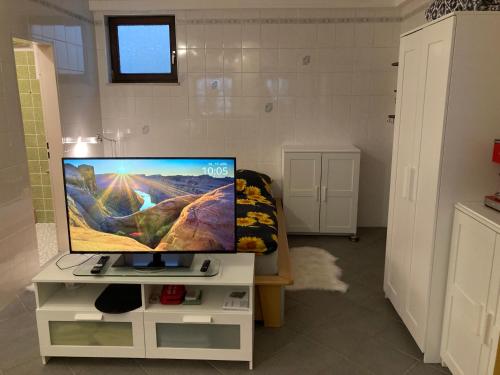 einen Flachbild-TV auf einem weißen Schrank in der Unterkunft Apartment mit Wintergarten und Terrasse in ruhiger Lage im schönen Taunus in Glashütten