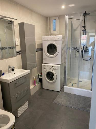 La salle de bains est pourvue d'une douche et d'un lave-linge/sèche-linge. dans l'établissement Appartement 4 personnes Nanterre (La Defense-Mont Valérien), à Nanterre