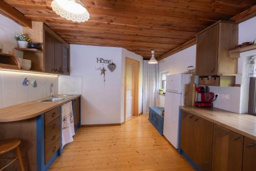 a kitchen with wooden cabinets and a refrigerator at Vila Jana in Radovljica