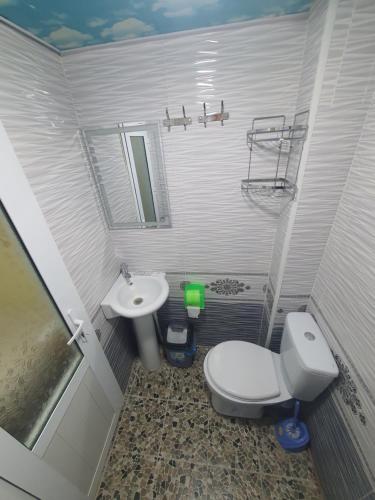 ein kleines Bad mit WC und Waschbecken in der Unterkunft UMAR HOSTEL in Samarkand